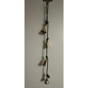 Vtg Graduated 4 Gold  Brass Bells Green Braided Rope Door Hanger Holiday